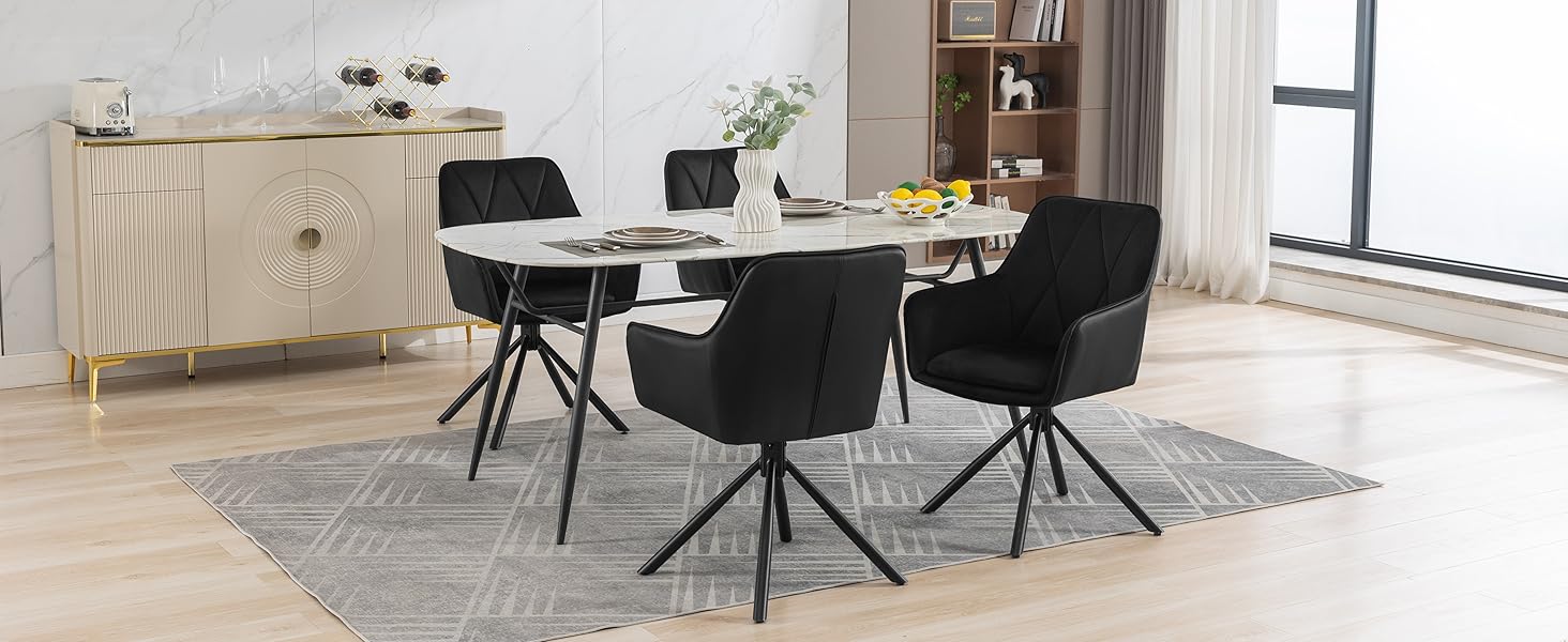 Обідні стільці Lestarain, поворотні, для кухні, спальні, вітальні, комплект з 4 шт. М'які, з підлокітниками та спинкою, на металевих ніжках, оксамит, чорний колір
