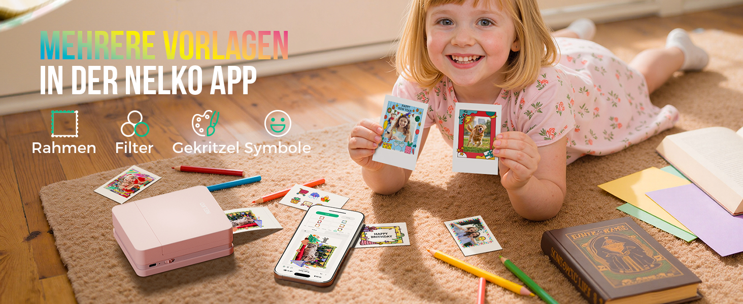 Портативний міні-фотопринтер Nelko PP01: кольоровий, для смартфонів iOS & Android, з 20 фотопапером, наклейки, рожевий