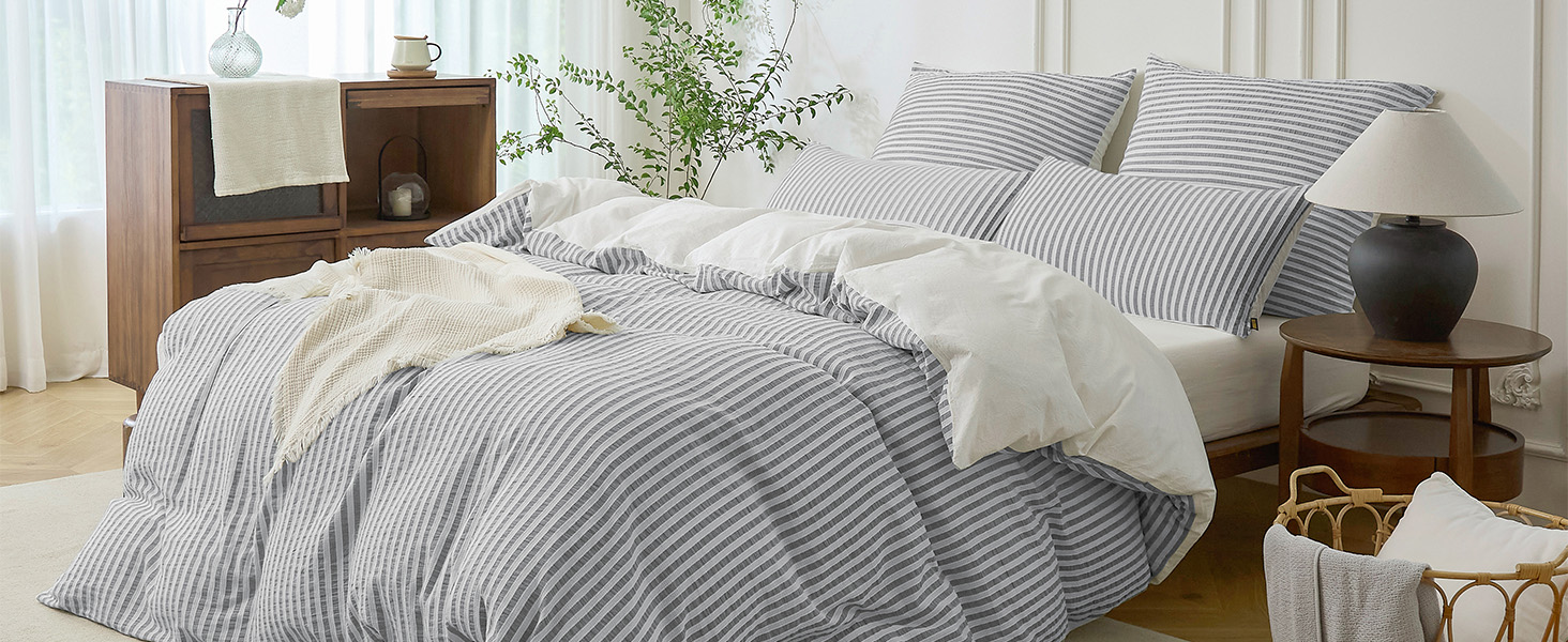 Набір постільної білизни SOULFUL 200x200, бавовна, смугастий дизайн, джакард, екологічна бавовна, бохо стиль, преміум якість, сертифікат Öko-Tex 100, колір деним (темно-зелений & білий), 4-елементний комплект (2x 135*200 см | 2x 80*80 см)