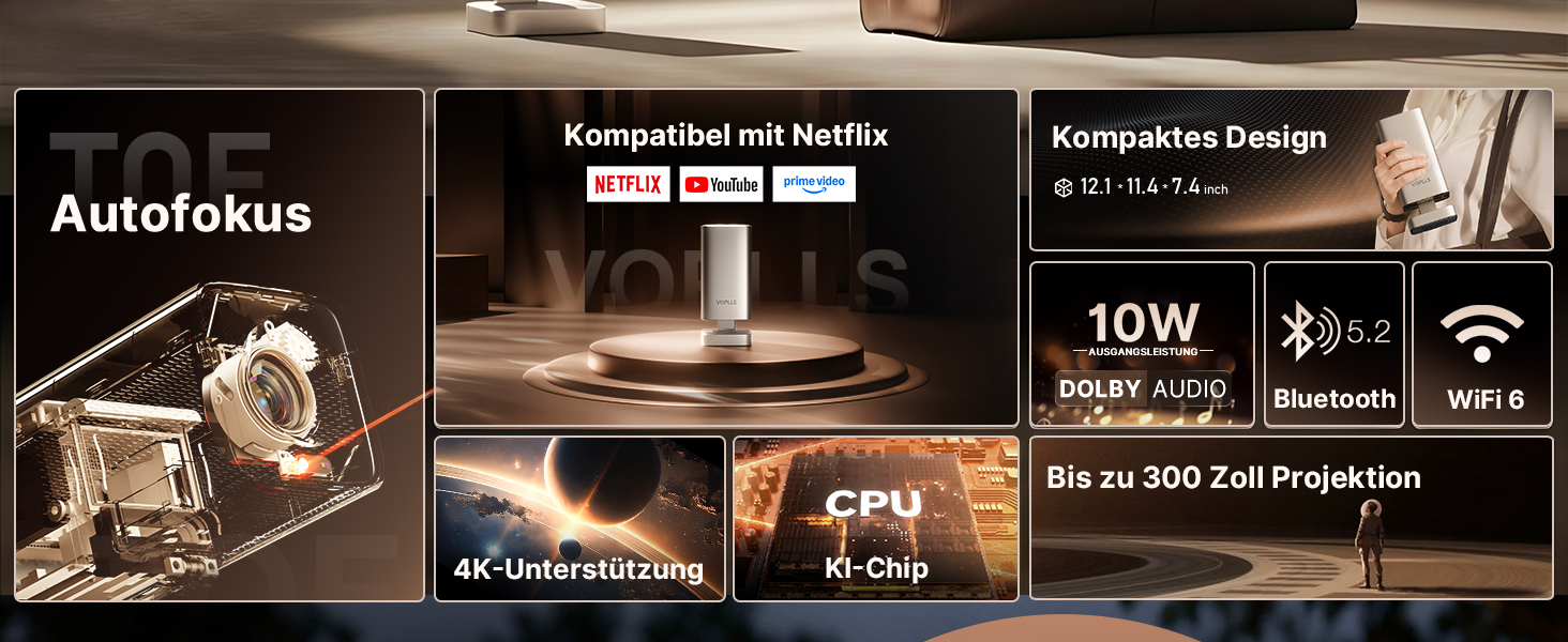 Smart проектор 4K VOPLLS Heimkino: Netflix, 30000 люмен, WiFi 6, Bluetooth, FHD 1080P, Автофокус, Корекція трапеції, Золотий