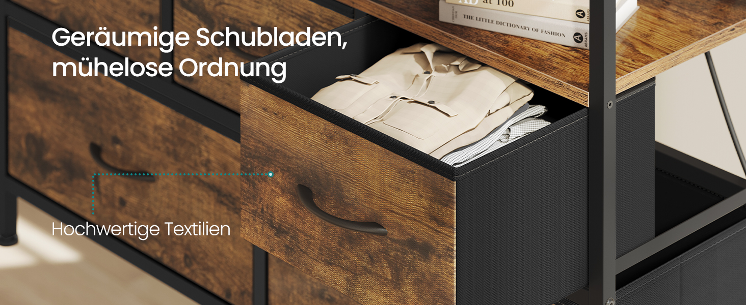 SONGMICS BELLAH: Комод, шафа, LED-підсвічування, тумба з зарядкою, індустріальний стиль, вінтажний коричневий + чорний, 7 ящиків, LGS723KD01