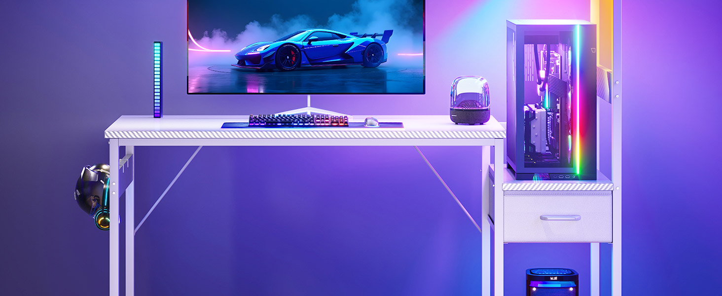 Ігровий стіл Coleshome з LED підсвіткою, білий (120x48 см) - стіл для комп'ютера з ящиками та полицею, тримачем для навушників, карбонове покриття