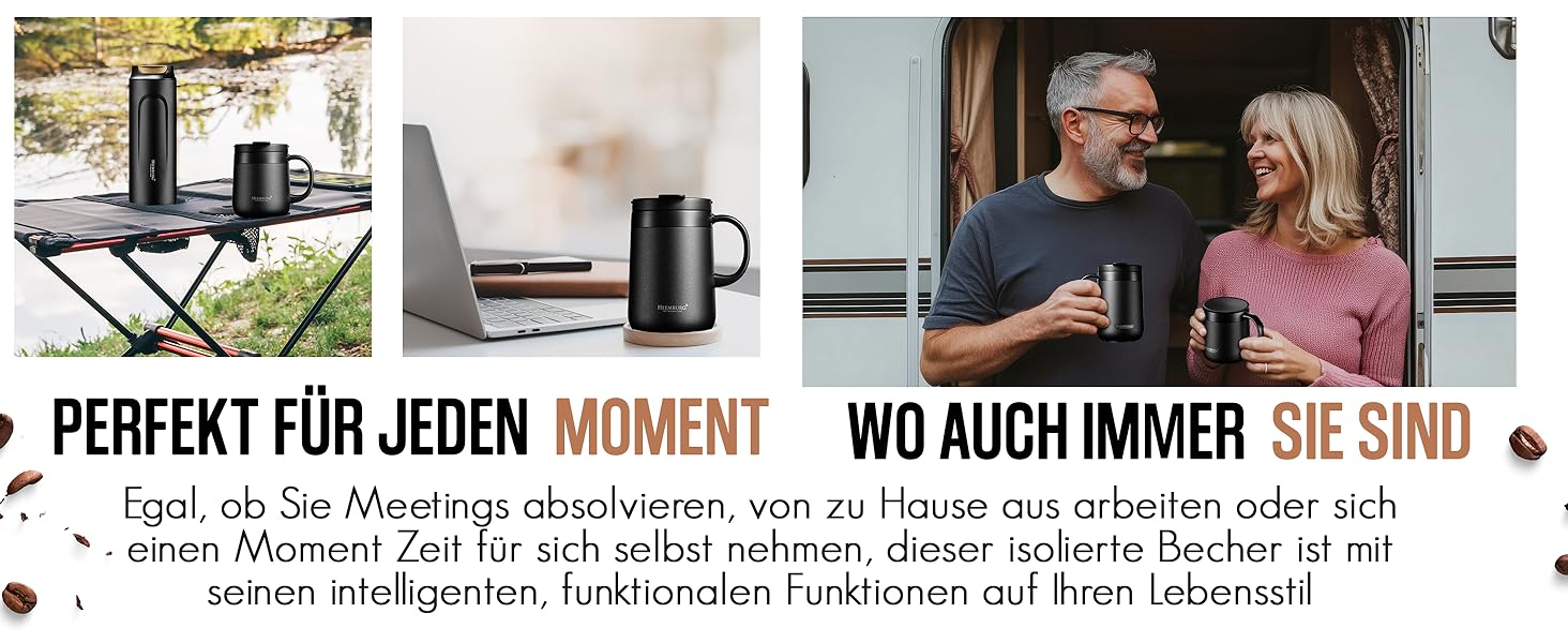 Термокружка з ручкою, подвійні стінки, вакуумна ізоляція, нержавіюча сталь 18/8, з 2 кришками, протиковзке дно, 440 мл, для офісу та робочого місця