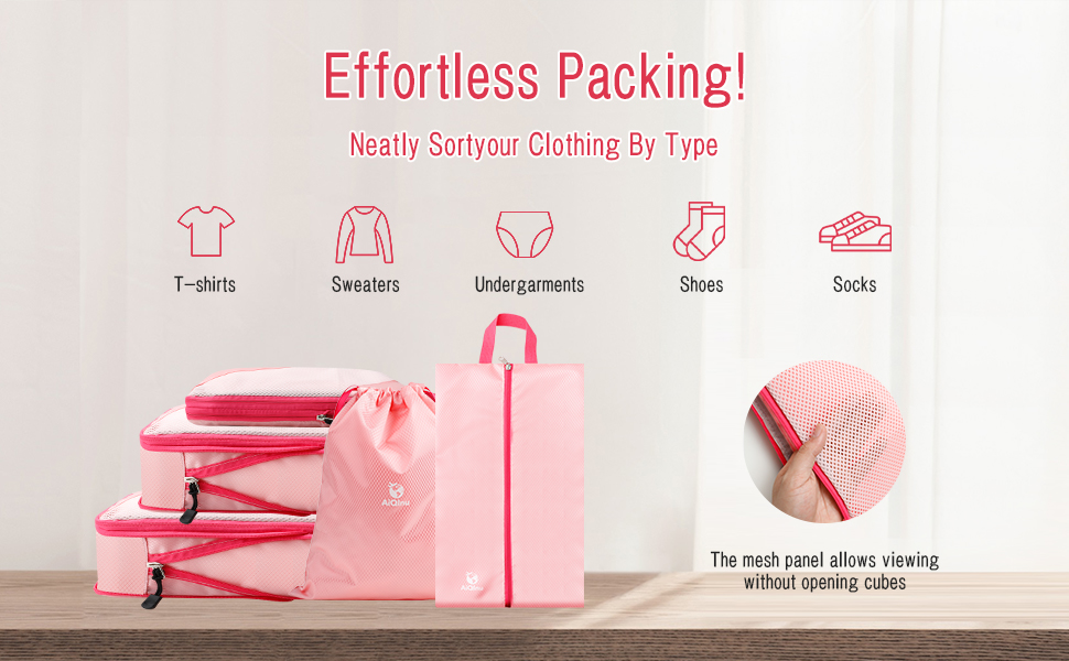 Набір компресійних органайзерів для подорожей AiQInu (5 шт.), ультралегкі сумки для пакування одягу в валізу з мішком для взуття та прання, рожеві