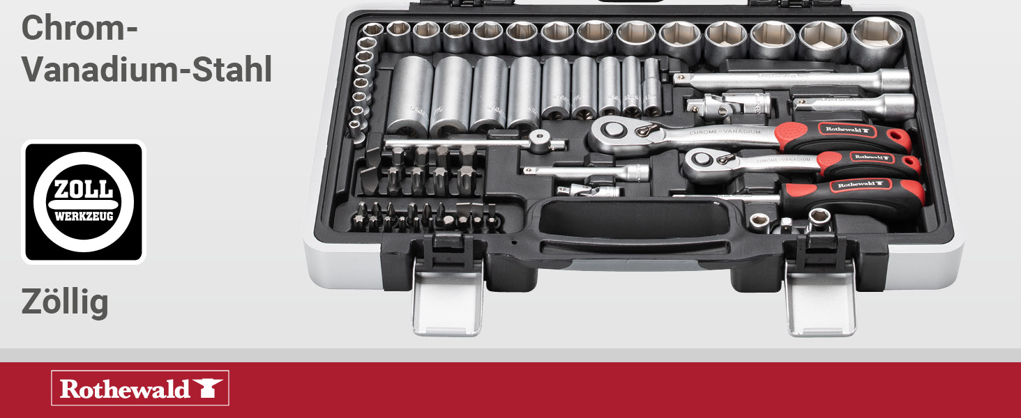 Набір інструментів Zoll 92 частини, з висувними бітотримачами для дюймових біт, тріскачкою з дрібним зубом, сталь Cr-V сіро-червоний