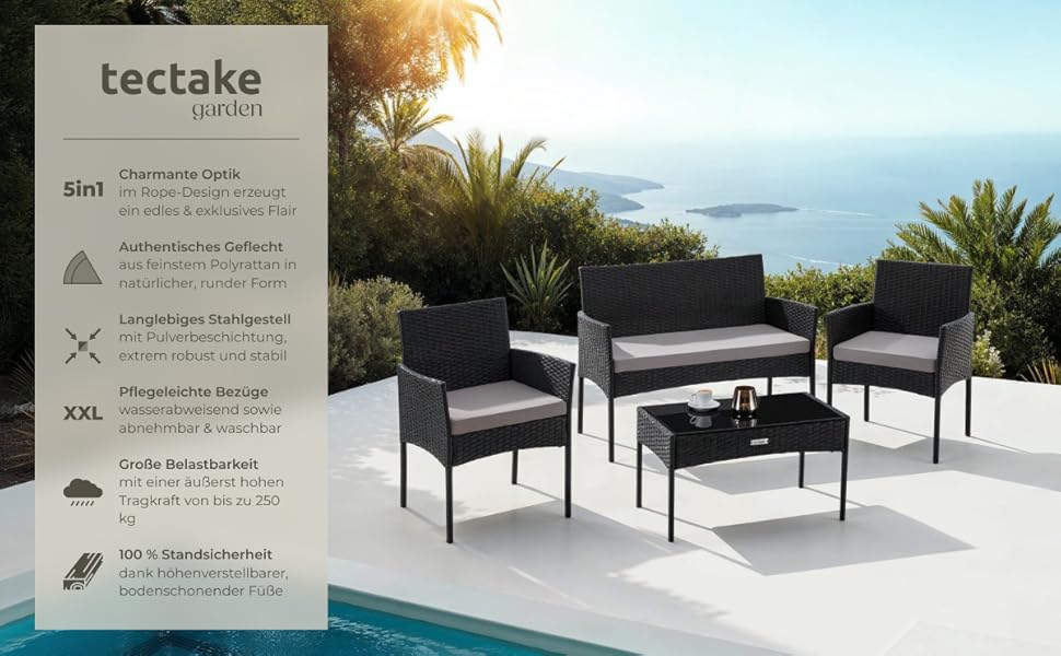 Набір садово-розплідницьких меблів tectake® з ротангу: банкетка, 2 крісла, столик, подушки, чорний колір. Меблі для балкона, тераси, саду.