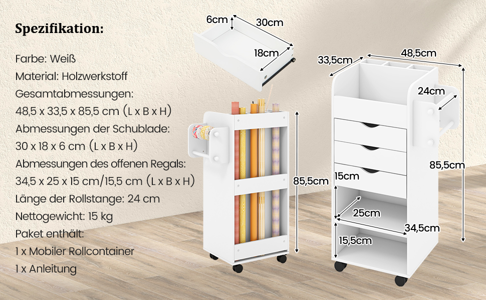 Роликовий контейнер COSTWAY з 3 висувними ящиками, робочий візок з 2 ручками та 3 полицями, дерев'яний шафка на колесах, багатофункціональний візок для офісу/кабінету (білий)