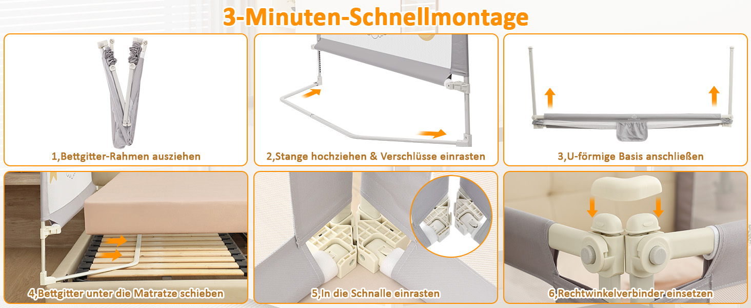 Бортики для ліжка дитячі 3 шт. (2x200 см + 1x180 см) складані, захист від випадання, малюнок - слоники