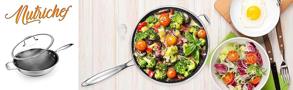 Набір сковорідок NutriChef з нержавіючої сталі, 6 предметів – антипригарне покриття, 20см, 25см, 30см з кришками, індукційне дно, стійкість до подряпин, підходить для духовки, безпечно мити в посудомийній машині. Включає вок 31 см