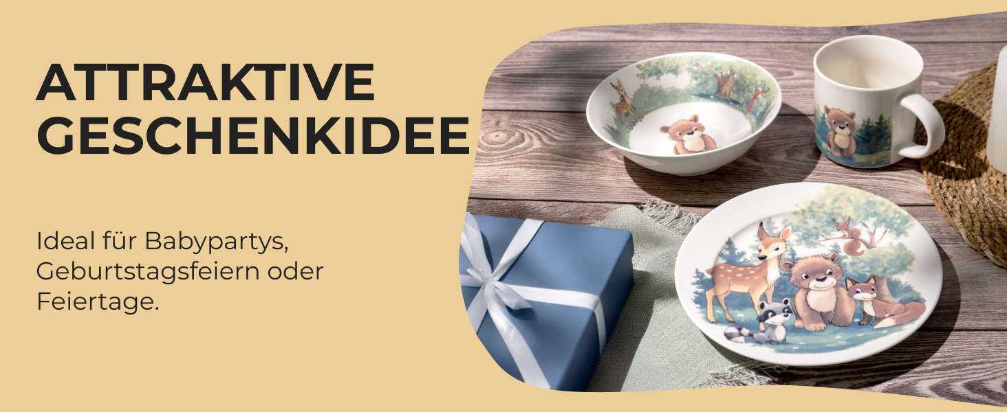 MIAMIO Набір дитячого посуду 3 шт. з порцеляни (тарілка, миска, чашка) - для дітей та малюків (ліс)