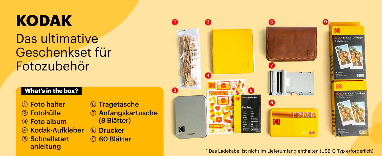 KODAK P210 Mini 2 Retro: Портативний кольоровий фотопринтер, Bluetooth, 54x86 мм, Ламінування, Комплект картриджів та аксесуарів