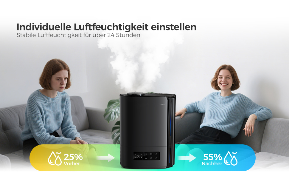 Зволожувач повітря AROEVE 6л для спальні, дитячої, кімнатних рослин, з аромадифузором, ультразвуковий, тихий (60 годин), чорний