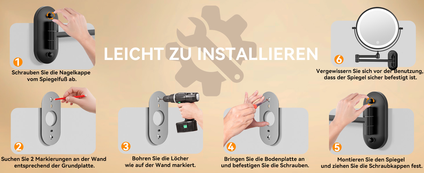 Дзеркало для макіяжу Auxmir з підсвічуванням, 1X/ Акумуляторний, 3200mAh, для гоління, настінний, з регулюванням яскравості, збільшення 30X, 3 кольори світла, поворот на 360°, для ванної кімнати (Чорний)