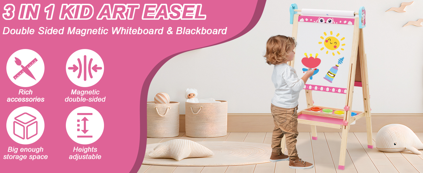Дитяча мольберт Kinder Staffelei 3 в 1: регульована висота 95-125 см, ролик для паперу, двосторонній, з набором для малювання (100+ шт.), для дітей 3-8 років (рожевий)