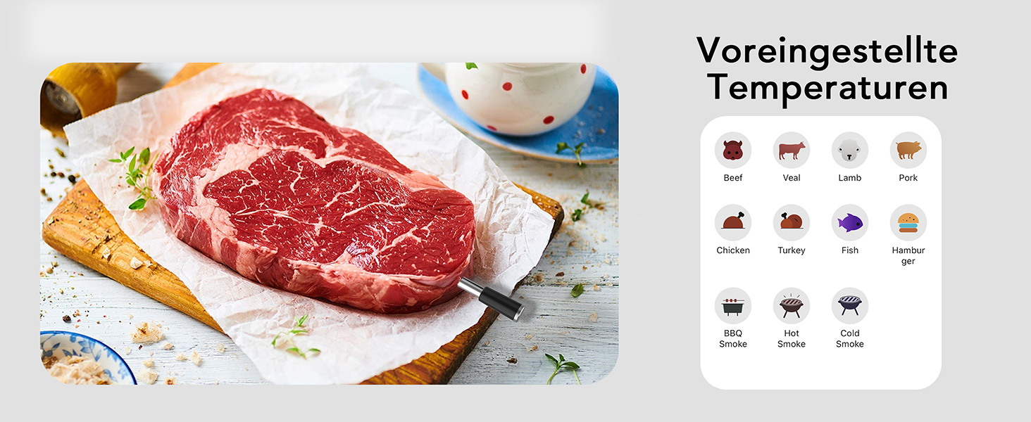Термометр для м'яса BFOUR WiFi з Bluetooth, 6 сенсорів, з App-керуванням, бездротовий, для гриля та запікання