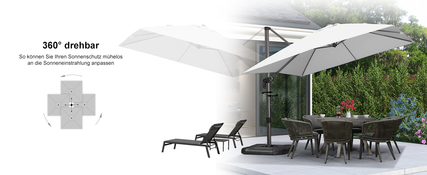 Парасолька від сонця PURPLE LEAF 300x300 см, велика підвісна парасолька-ампел з рукою-курбою, поворотом на 360° та хрест-підставкою для тераси та балкона, біла