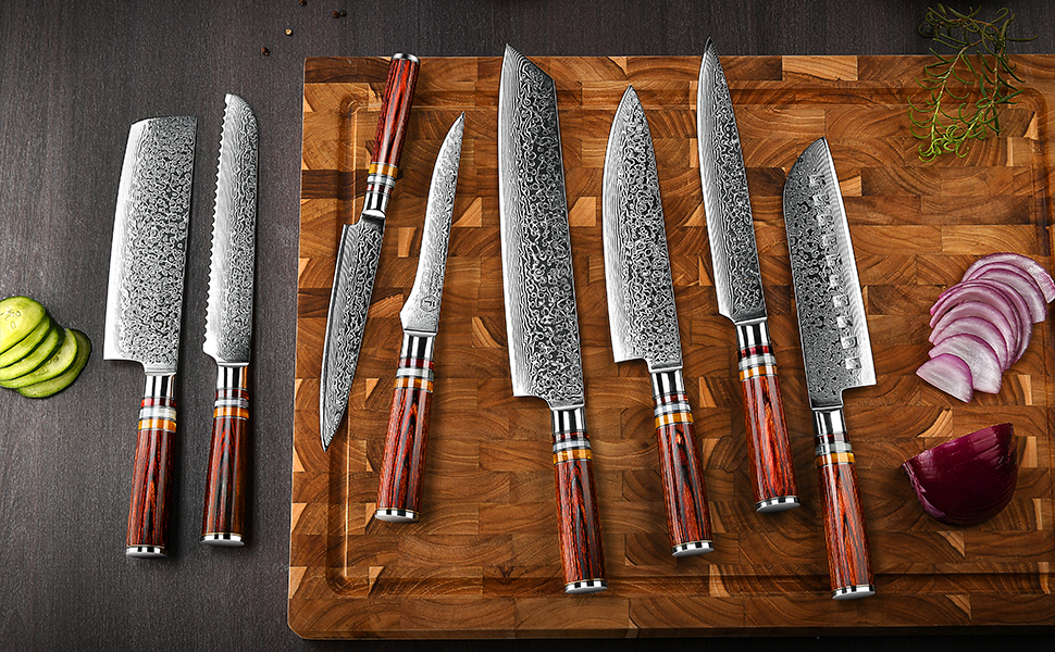 Японський ніж Gyuto FANTECK з дамаської сталі 20 см (67 шарів VG-10) - професійний кухонний ніж з дерев'яною ручкою Pakkawood, подарункова коробка