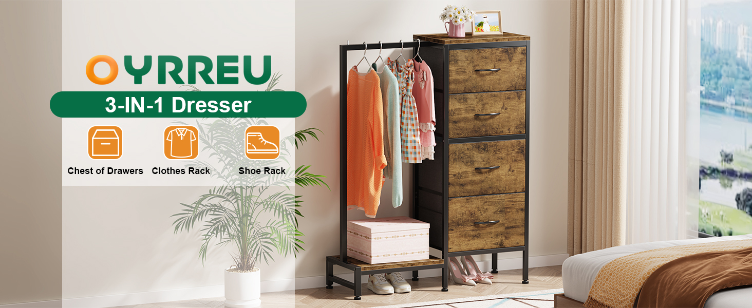 Комод 111 см з 4 висувними ящиками з тканини, з вішалкою, для спальні, вітальні, передпокою, дерев'яний, подарунок