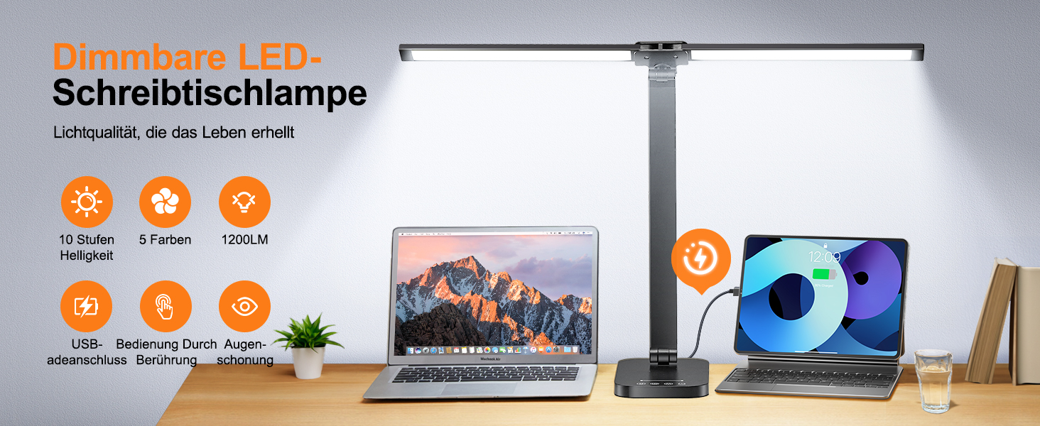 LED лампа настільна One Fire Doppelkopf з регулюванням яскравості та кольору, таймер, для дітей, з мережевим живленням