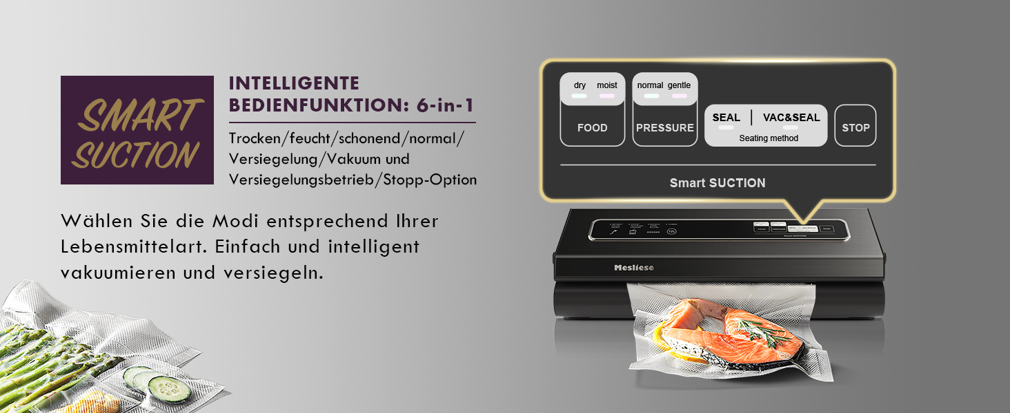 Вакууматор для продуктів Mesliese 6-в-1, потужність 90 кПа, компактний вакуумний пакувальник з різаком, режимами для сухих та вологих продуктів, набором пакетів (Темно-сірий)