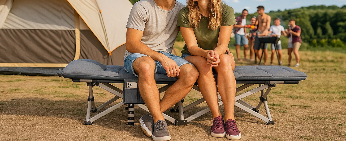 Розкладне кемпінгове ліжко CALIYO з матрацом, 200x80x40 см, витримує до 200 кг, сталевий каркас, тканина Оксфорд, сіре (з сумкою для зберігання)