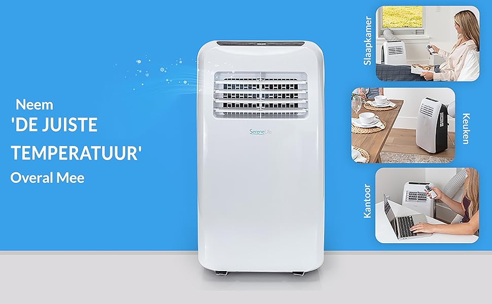 Кондиціонер SereneLife Mobile 9,000 BTU 4-в-1 повітроохолоджувач, вентилятор, осушувач обігрівач - портативний кондиціонер з комплектом витяжного шланга для приміщень площею до 20 м - дистанційне керування, монтаж на вікна (9 000 BTU EU, білий)