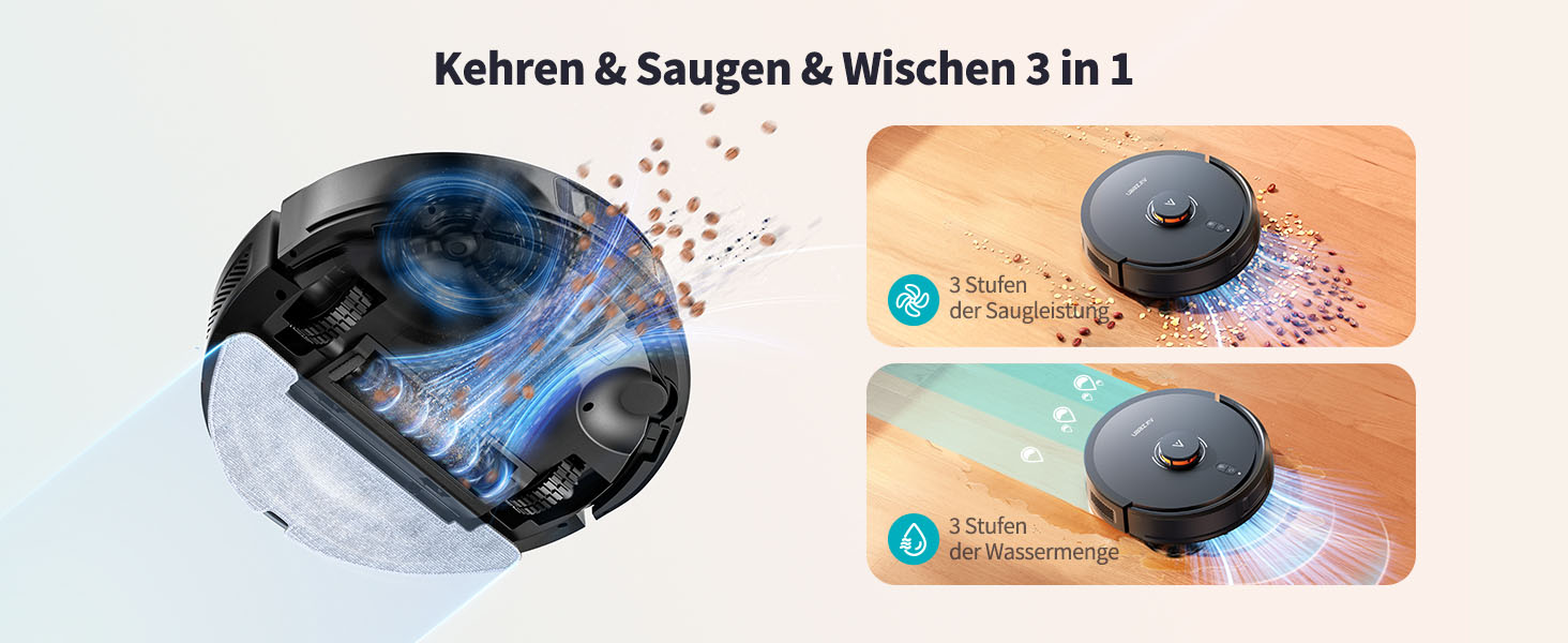 Робот-пилосос Airzeen Q10 Pro S з вологою, LiDAR-навігація, 5000Pa, для тварин, чорний