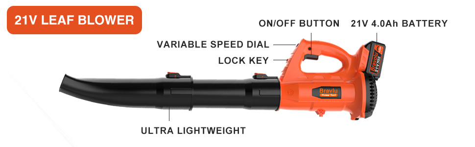 Акумуляторний повітродувач Bravolu 21V, 210 км/год, 4.0 Ah, 4000mAh, з зарядним пристроєм, 6 швидкостей