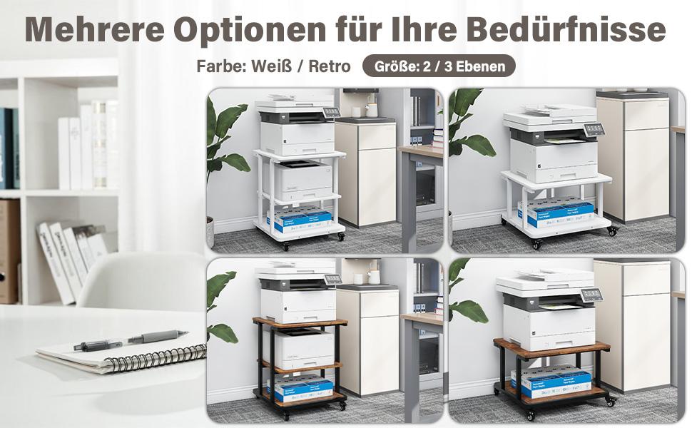 Стіл для принтера PUNCIA з 2 рівнями, мобільний, 60x50 см, білий. Підходить для принтера, сканера, копіювальника.