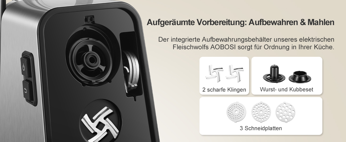 Електрична м'ясорубка Aobosi 3-в-1, 3000 Вт, з пластинами з нержавіючої сталі, кубиками та трубками для начинки ковбаси