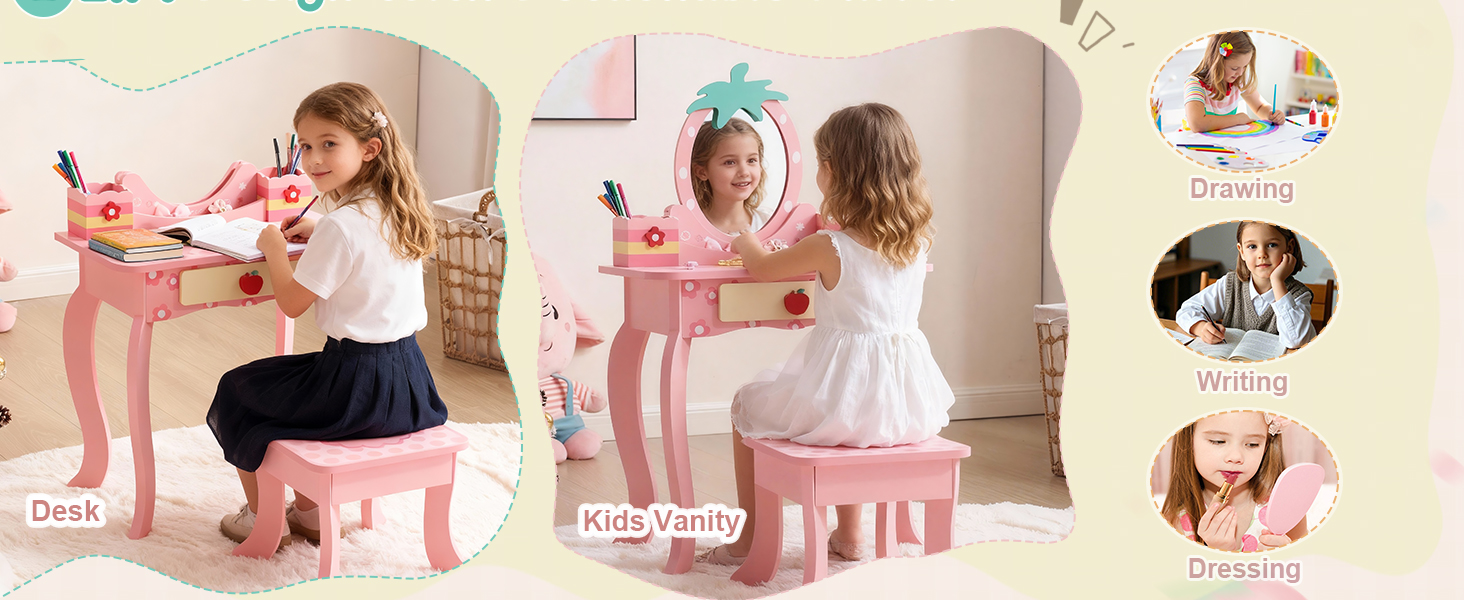 Детский туалетный столик LEADZM с пуфом для девочек, с двумя зеркалами 180°, с ящиком, белый и розовый, для детей 3-9 лет