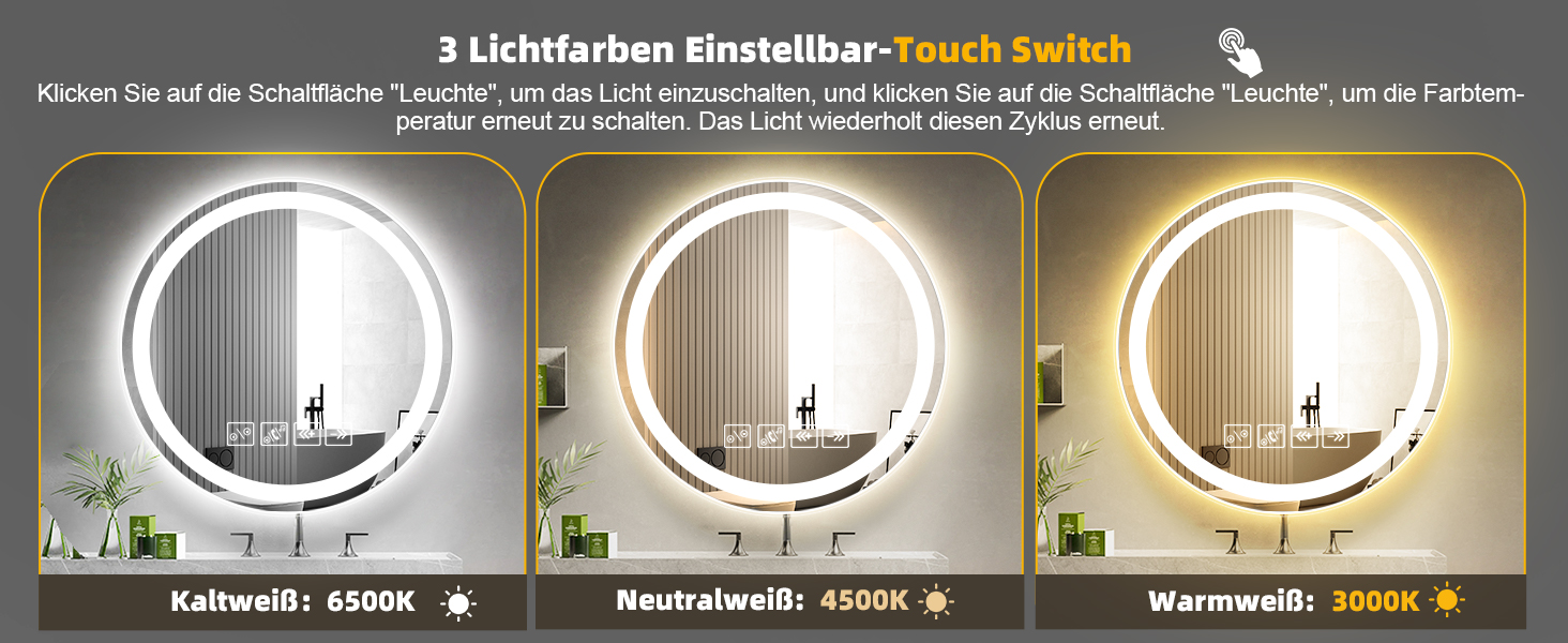 Дзеркало для ванної кімнати з підсвічуванням 50x70 см, з протитуманним ефектом, годинником, LED-підсвічуванням, сенсорним вимикачем, функцією пам'яті, 3 кольорами світла, регулюванням яскравості