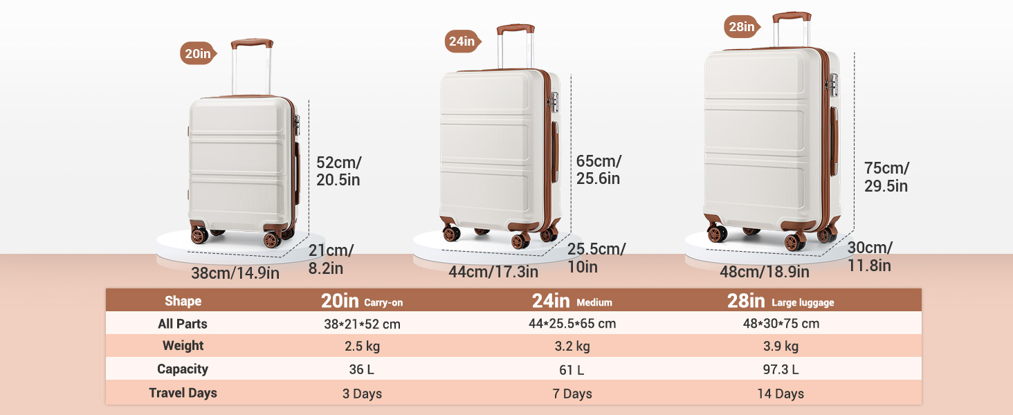 KONO Чемодан-Тролей 55 см, Кремовий Білий | Валіза для подорожей