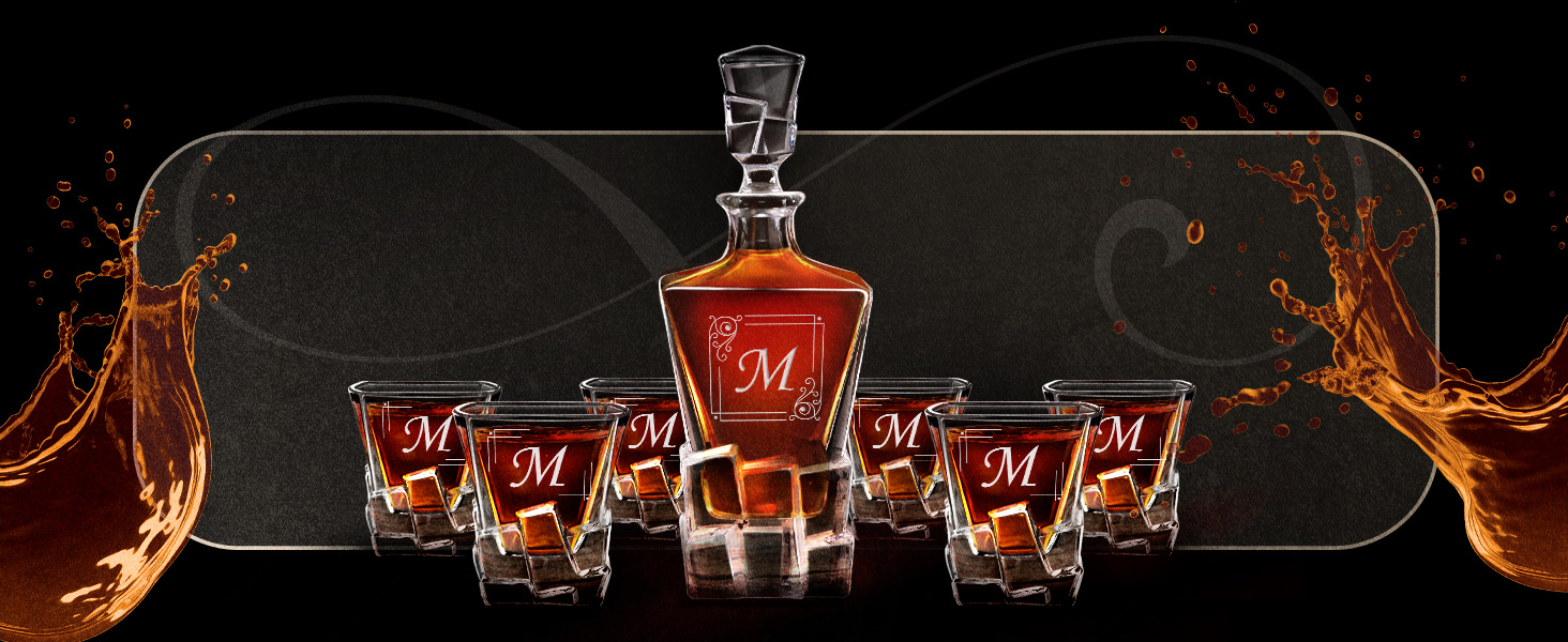 Мавертон Карафа для віскі 950 мл + Набір з 6 склянок для віскі з гравіюванням - Декантер для віскі - Подарунок на Різдво - Люксовий дизайн - Крісталльне скло - для чоловіків на день народження - Корона