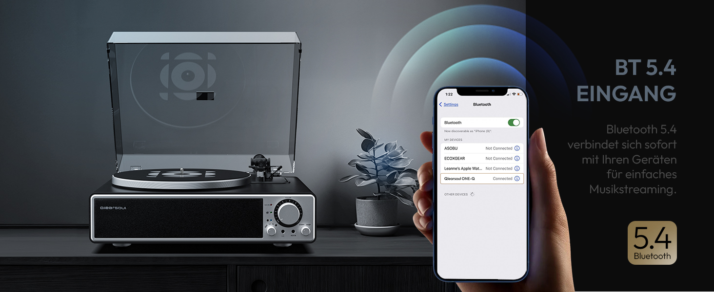 ONE-Q HiFi-програвач вінілу з Bluetooth, вбудованими динаміками, фонокоректором, магнітною голкою AT-3600L, 33/45 об/хв, чорний
