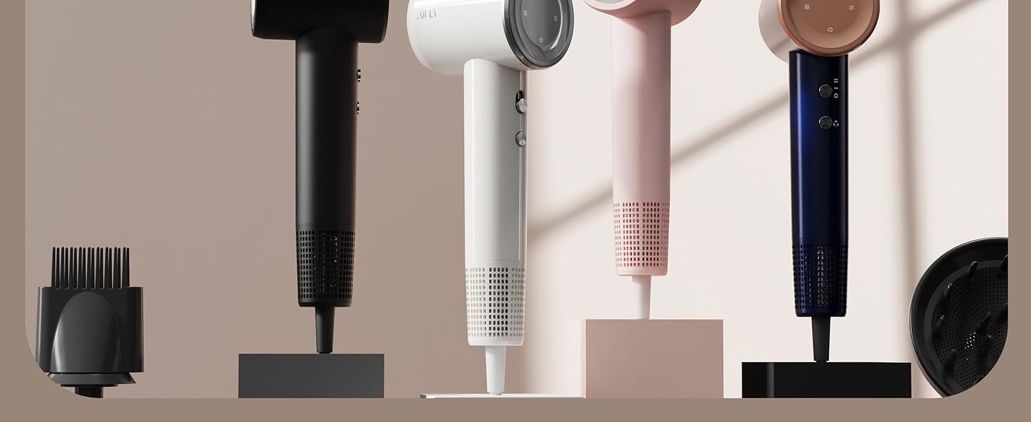 Високошвидкісний іонний фен для волосся AINA з безщітковим двигуном 160 000 об/хв, набір з дифузором, гребінцем та соплом, чорний (3A)