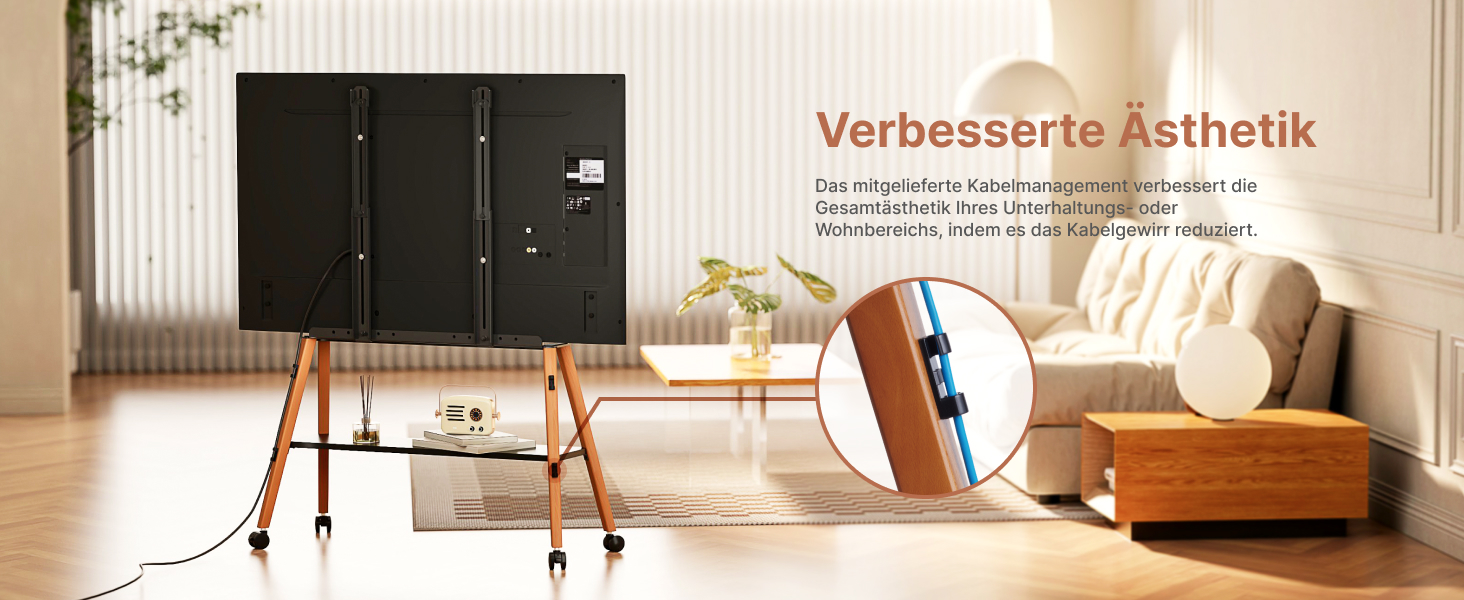 Підставка для телевізора ECOTINY на колесах для 49-75 дюймів, до 40 кг, Easel Design, металева конструкція з дерев'яною полицею, білий (чорний)