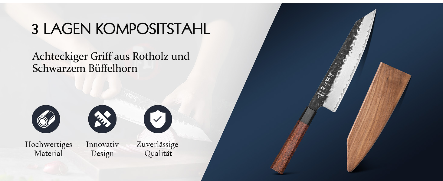 Професійний японський ніж Kiritsuke HEZHEN 21,5 см, кухонний ніж із 3-шарової дамаської сталі з восьмигранною ручкою з червоного дерева та дерев'яним чохлом