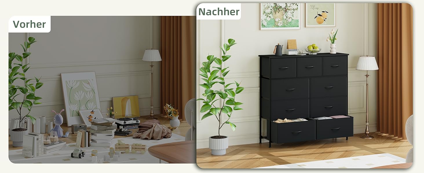 Комод Somdot з висувними ящиками, тканинний комод, комод для спальні, вітальні, передпокою, шафа для зберігання, 5 тканинних ящиків, білий колір (чорний, 30T x 100B x 96.5H см (9 ящиків))