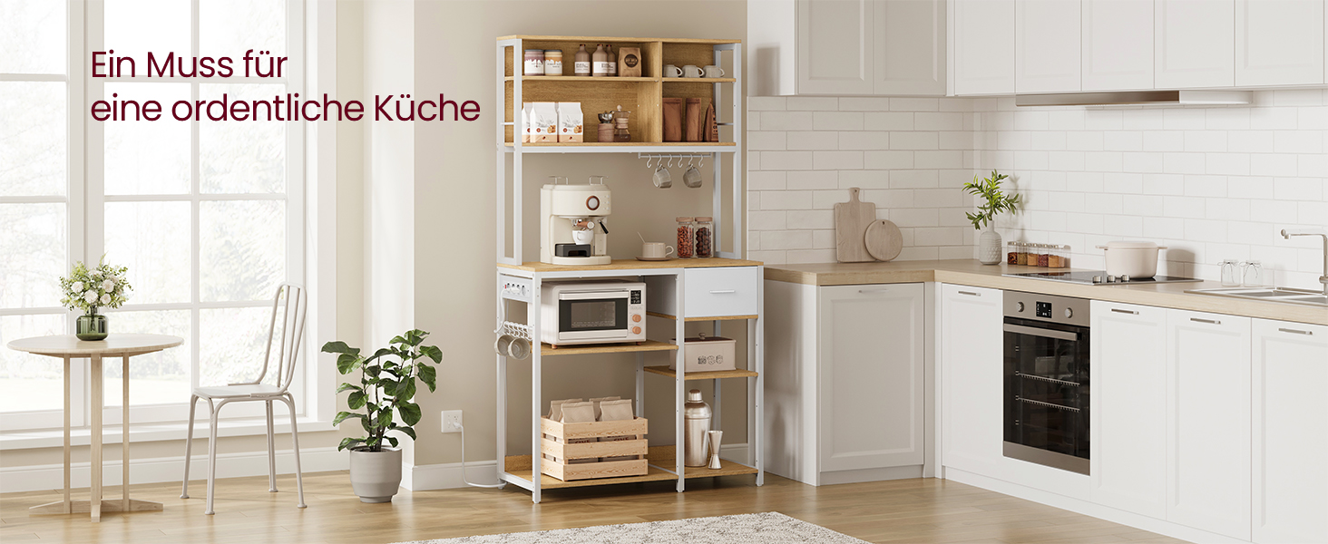 Полиця кухонна VASAGLE з розетками, підлогова, 40 x 100 x 180,4 см, полиця для випічки, регульовані полиці, тканинний ящик, 12 гачків, для кухні, антрацитово-чорний, KKS027B02