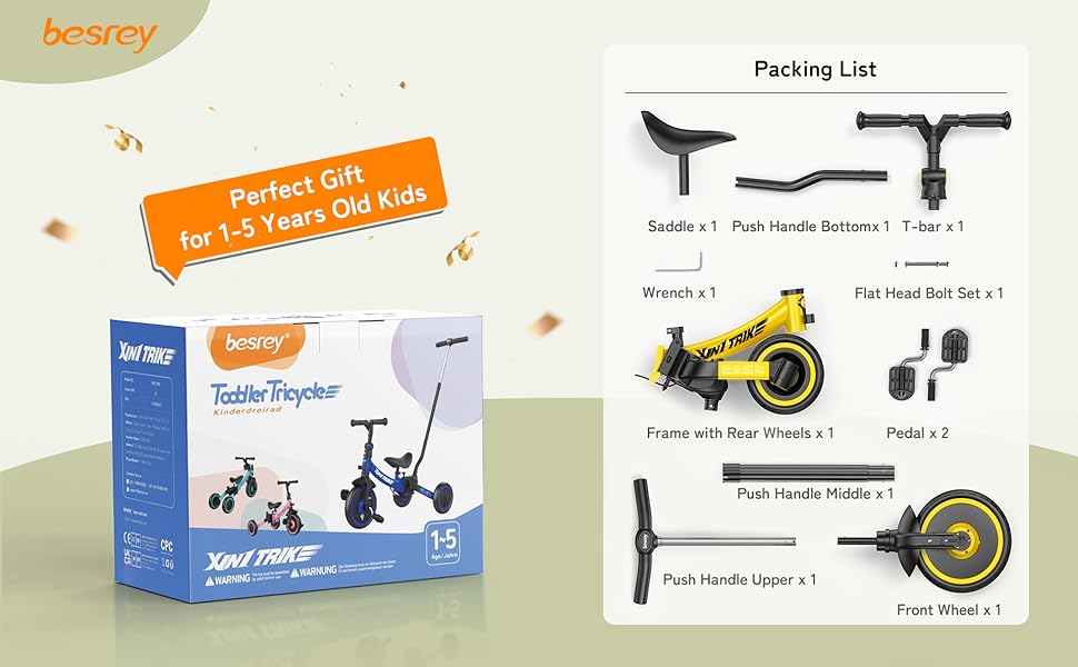 Бесрей 5-в-1 Дитячий Біговел, Триколісний Велосипед для Малюків 1-4 Років (Жовтий з Ручкою)