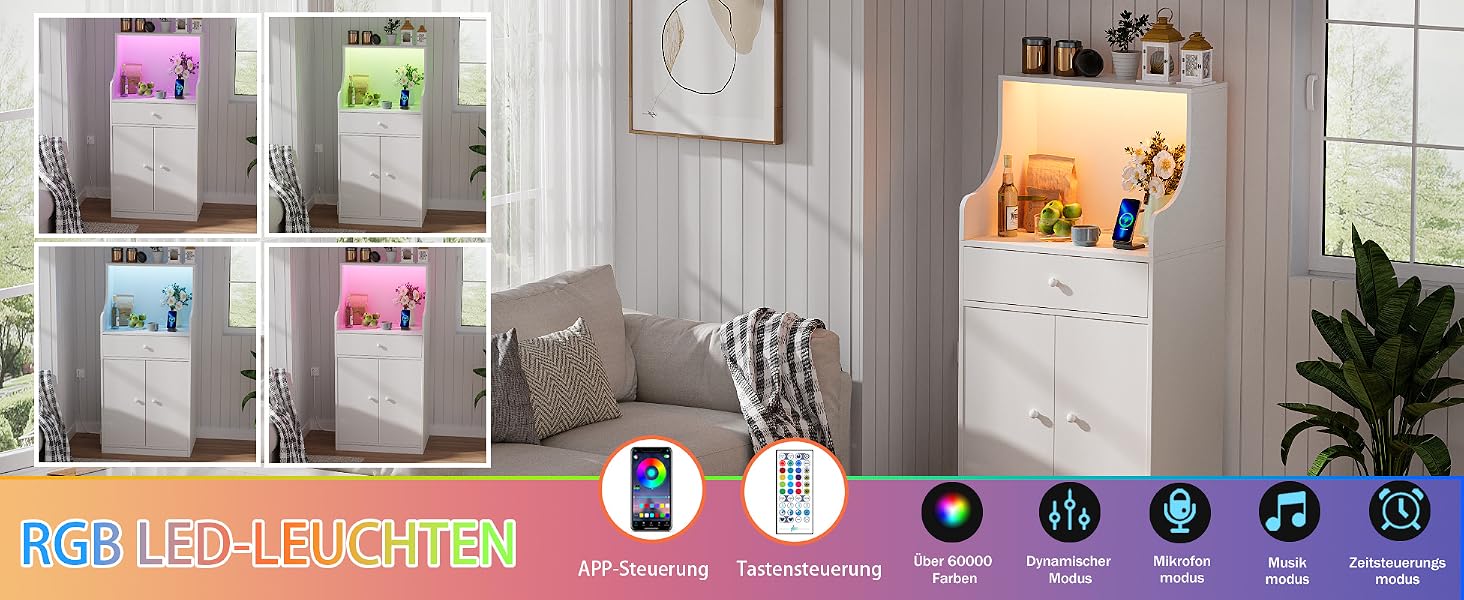 Кухонна шафа-буфет з LED-підсвіткою та розеткою, білий сайдбор з шухлядою, полицею для мікрохвильової печі та великою секцією, 60x40x123 см