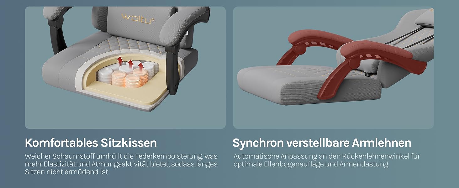 Ігровий крісло WOLTU з масажем, комп'ютерне ергономічне крісло, кишенькові пружинні подушки, масаж попереку, підголовник, підніжка, поворотне крісло, 150 кг, сітчаста тканина, сірий+жовтий
