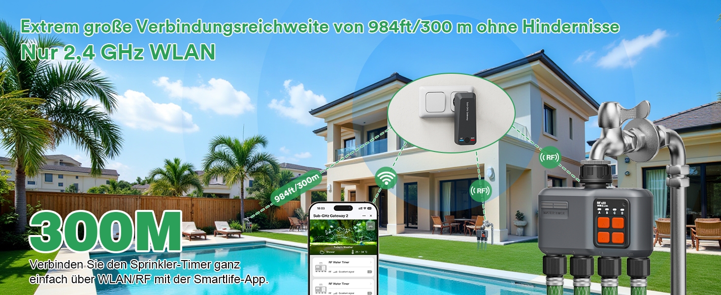 Таймер поливу Johgee WiFi з RF 300M для саду та газону (4 виходи), сумісний з Alexa та Smart Life
