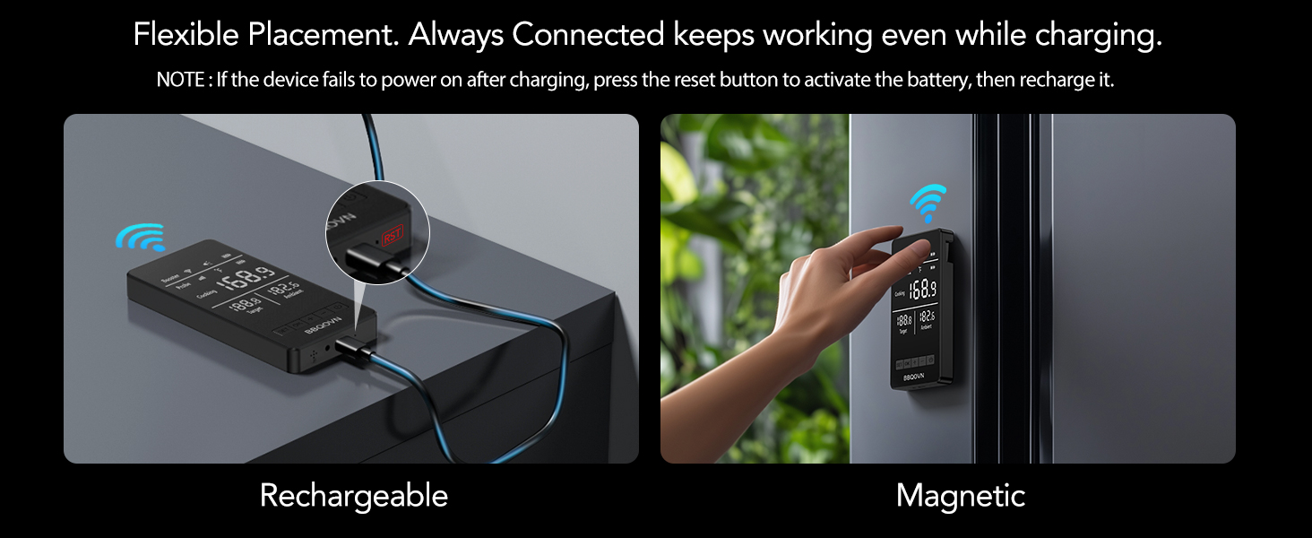 Термометр для м'яса з Wi-Fi та підключенням Sub-1G, 7 NIST-сертифікованих сенсорів (включаючи температуру навколишнього середовища), цифровий дисплей для BBQ, гриля, духовки та Smoker (Чорний, компактний)