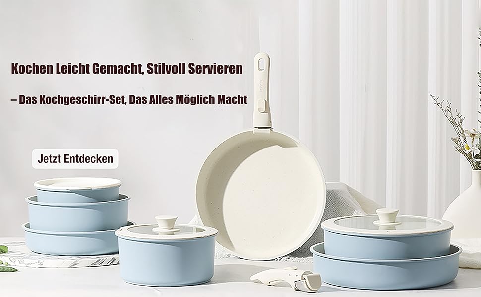 Набір кухонного посуду 11 предметів з антипригарним покриттям, знімні ручки, рожевий. Підходить для індукційних, газових плит, духовки та посудомийної машини. Без PFAS.