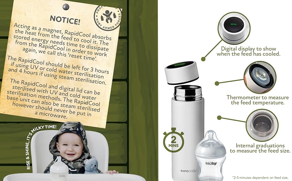Nuby RapidCool™ - Готувальник дитячої суміші за 2 хвилини, з дозатором, ізотермічною пляшкою та цифровим дисплеєм - Ідеально для подорожей
