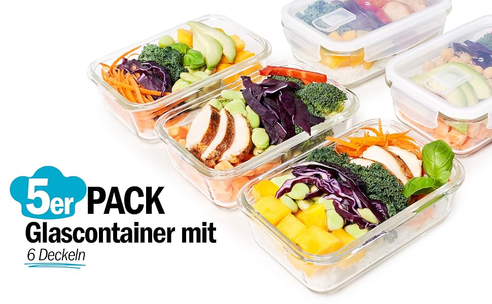 Скляні контейнери для їжі Igluu Meal Prep, прямокутні (набір 5 шт. + запасна кришка), 840 мл