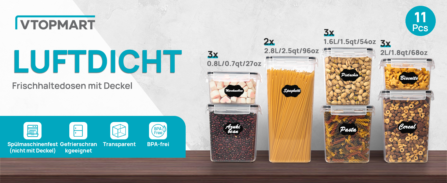 Vtopmart Набори контейнерів для зберігання продуктів з кришкою, 32 шт. BPA-free, для кухні, борошно, цукор, крупи, з ручкою та етикетками