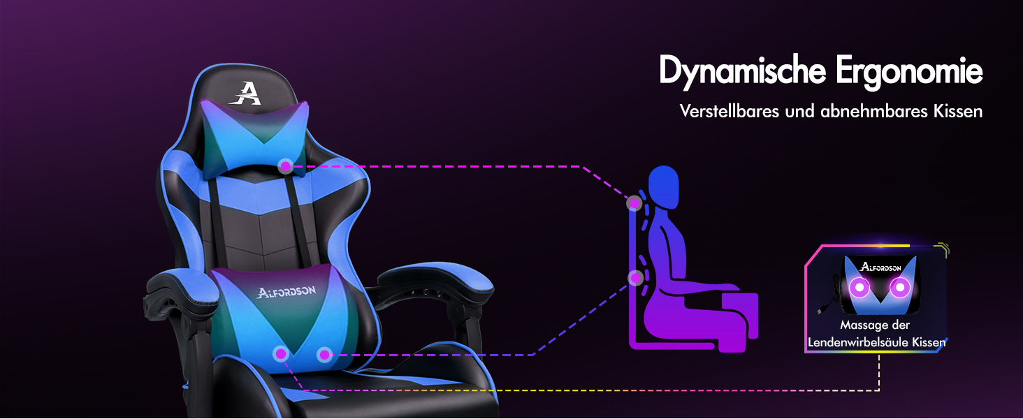 Ігровий крісло Alfordson з підніжкою, масажем, регулюванням на 150° та PU-шкірою. Макс. вага 180 кг, серія Eryx (Чорний/Синій)